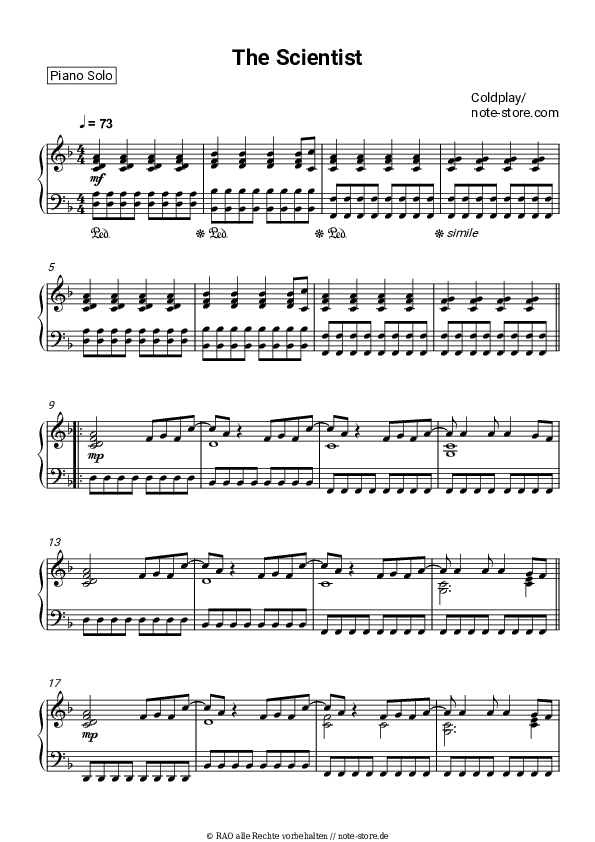Noten Coldplay - The Scientist - Klavier.Solo