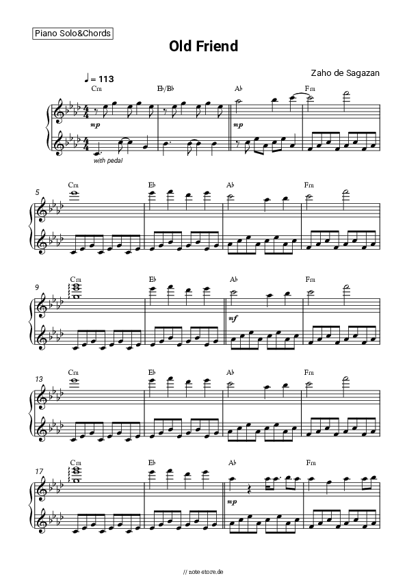 Noten und Akkorde Zaho de Sagazan, Tom Odell - Old Friend - Klavier.Solo&Akkorde