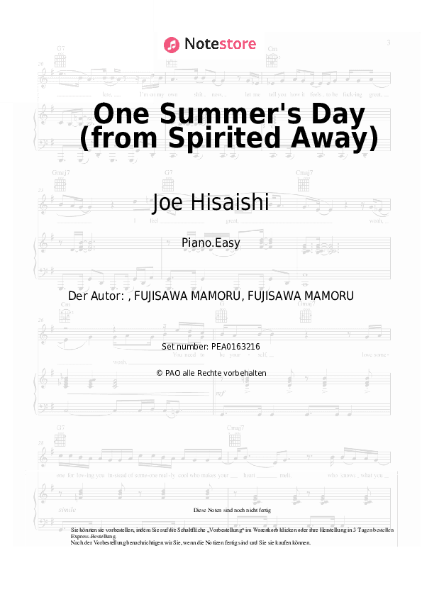 Einfache Noten Joe Hisaishi - One Summer's Day (from Spirited Away) - Klavier.Einfach