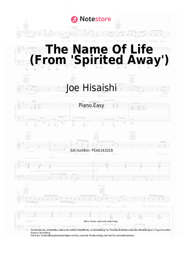 Einfache Noten Joe Hisaishi - The Name Of Life (From 'Spirited Away') - Klavier.Einfach