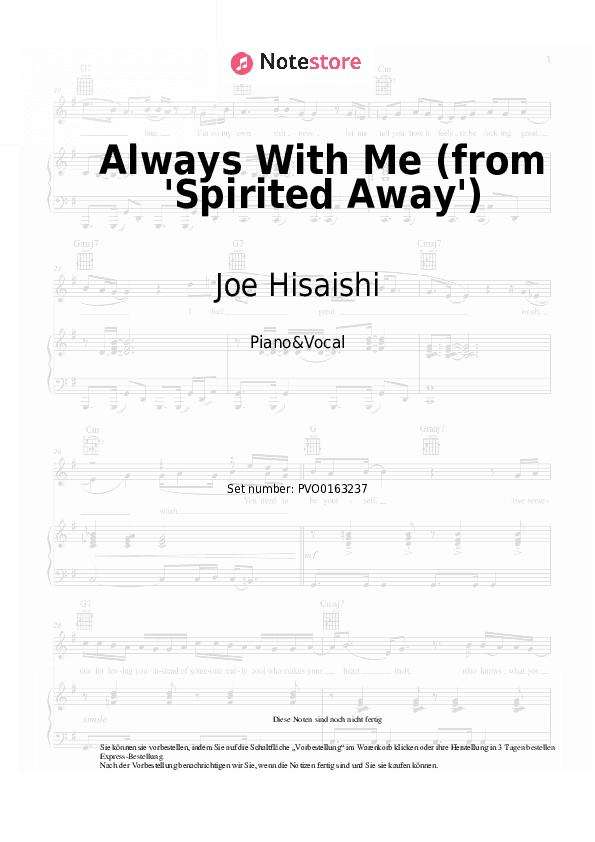 Noten mit Gesang Joe Hisaishi, Youmi Kimura - Always With Me (from 'Spirited Away') - Klavier&Gesang