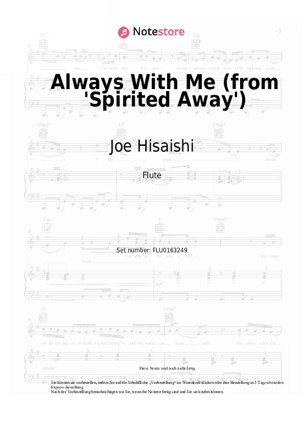 Noten Joe Hisaishi, Youmi Kimura - Always With Me (from 'Spirited Away') - Flöte