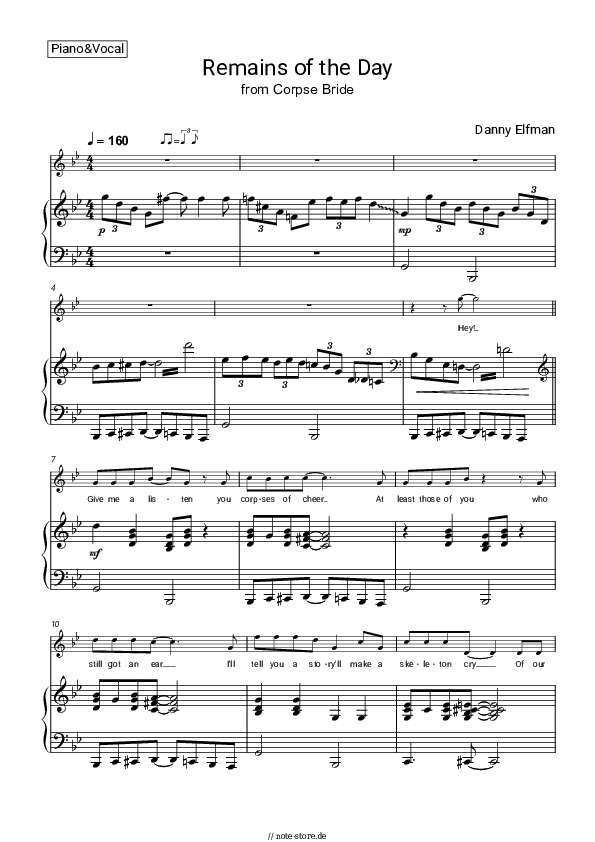 Noten mit Gesang Danny Elfman - Remains of the Day (from Corpse Bride) - Klavier&Gesang