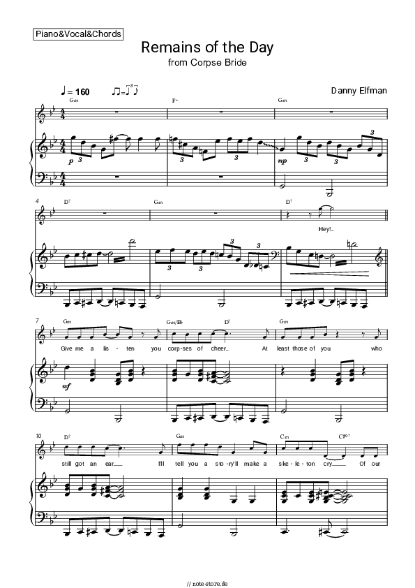 Noten und Akkorde Danny Elfman - Remains of the Day (from Corpse Bride) - Klavier&Gesang&Akkorde