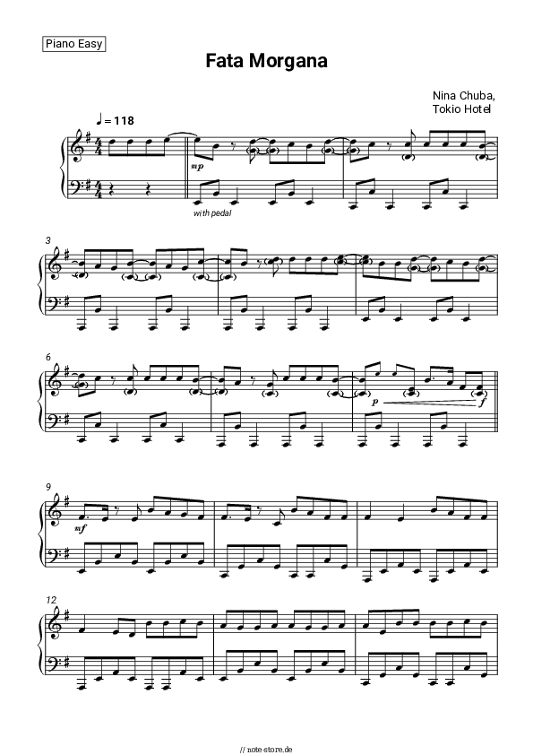 Einfache Noten Nina Chuba, Tokio Hotel - Fata Morgana - Klavier.Einfach