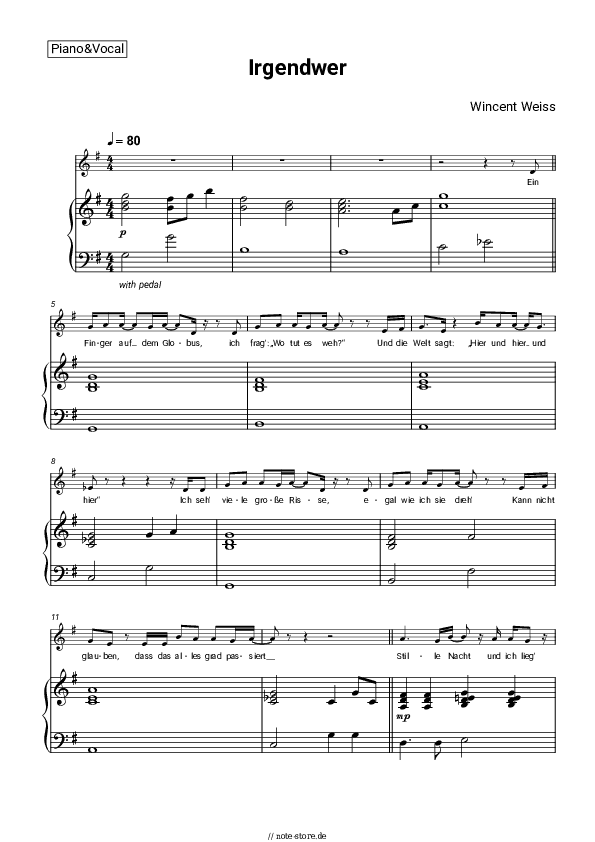 Noten mit Gesang Wincent Weiss - Irgendwer - Klavier&Gesang