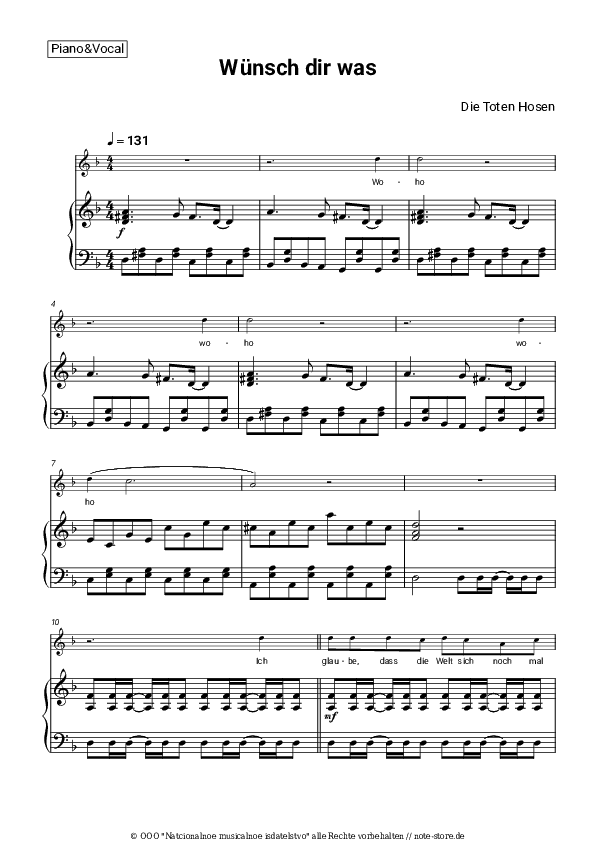 Noten mit Gesang Die Toten Hosen - Wünsch dir was - Klavier&Gesang