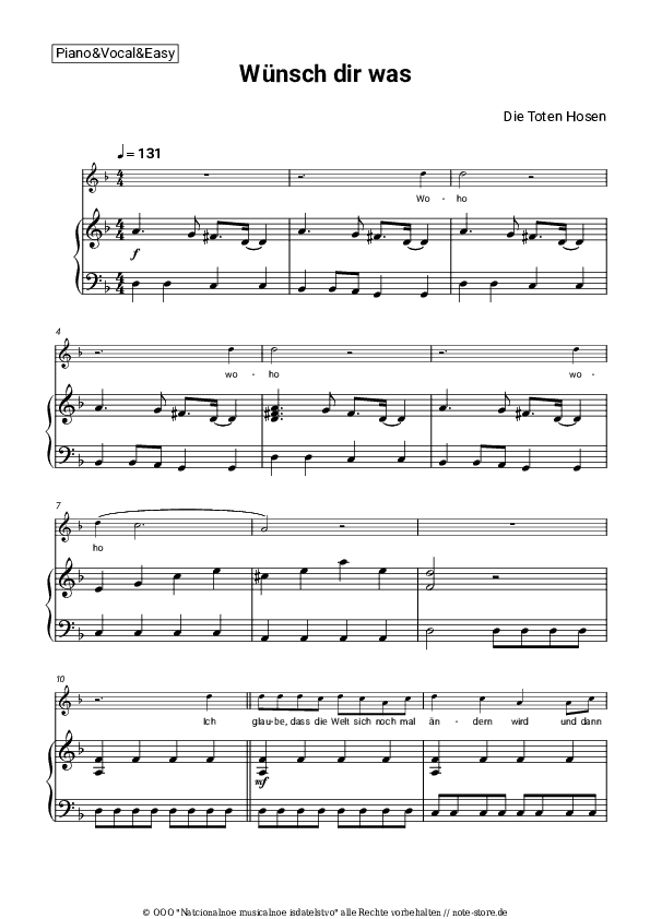 Einfache Noten Die Toten Hosen - Wünsch dir was - Klavier&Gesang.Einfach