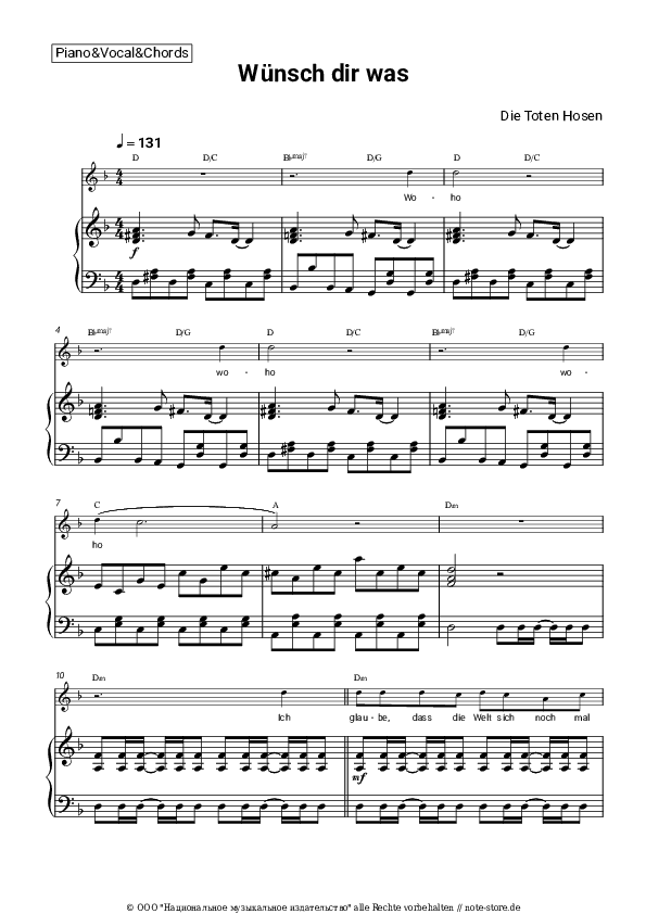Noten und Akkorde Die Toten Hosen - Wünsch dir was - Klavier&Gesang&Akkorde