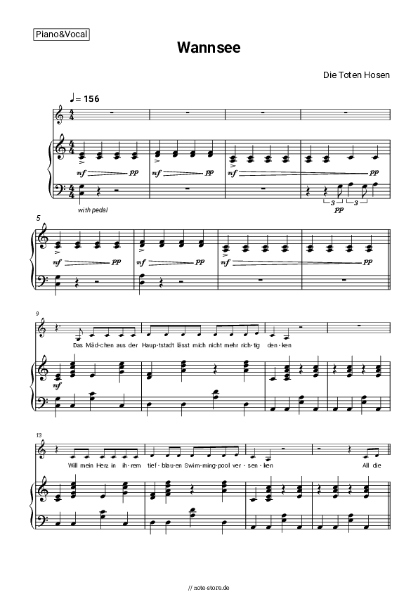 Noten mit Gesang Die Toten Hosen - Wannsee - Klavier&Gesang
