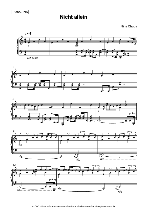 Noten Nina Chuba - Nicht allein - Klavier.Solo