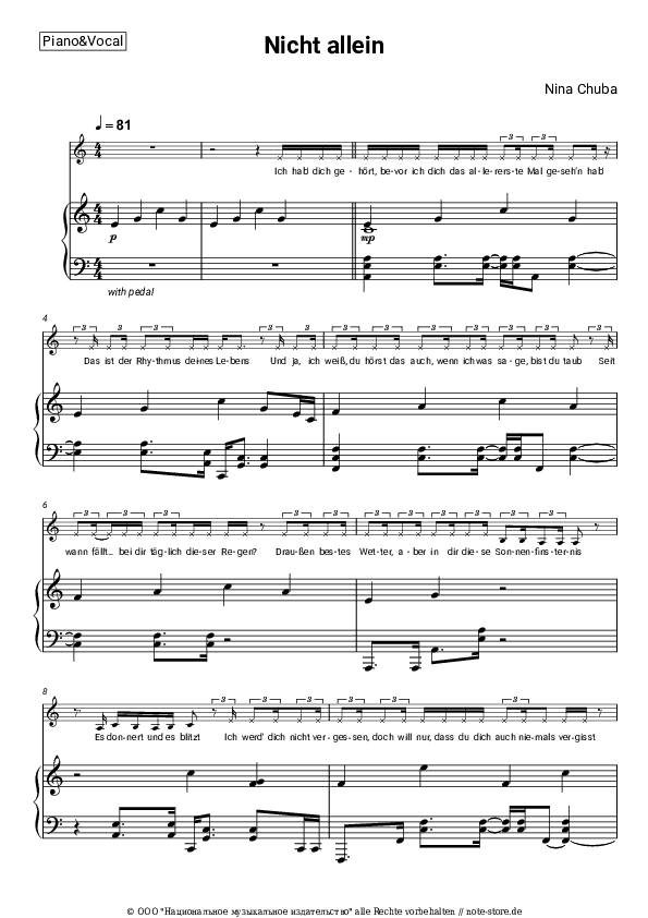 Noten mit Gesang Nina Chuba - Nicht allein - Klavier&Gesang