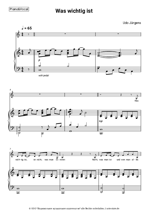 Noten mit Gesang Udo Jürgens - Was wichtig ist - Klavier&Gesang