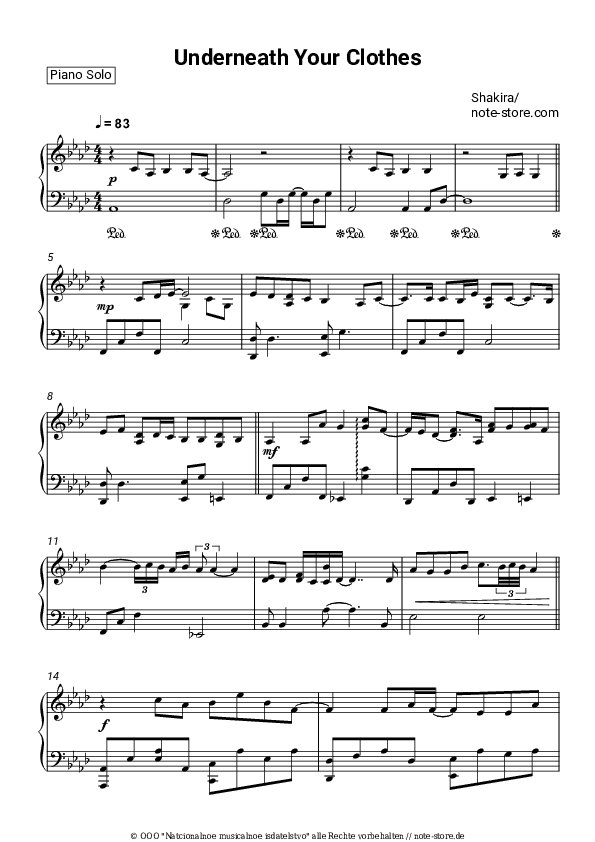 Noten Shakira - Underneath Your Clothes - Klavier.Solo
