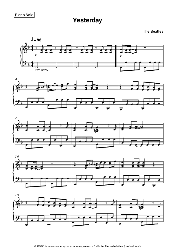 Noten The Beatles - Yesterday - Klavier.Solo