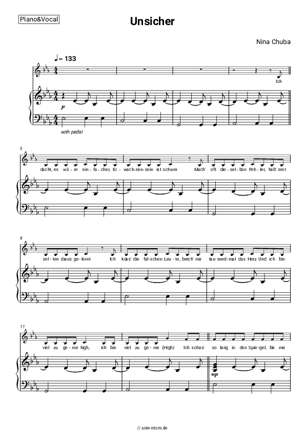 Noten mit Gesang Nina Chuba - Unsicher - Klavier&Gesang