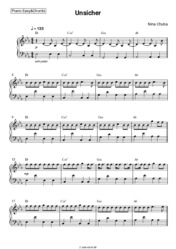 Einfache Noten und Akkorde Nina Chuba - Unsicher - Klavier.Einfach&Akkorde