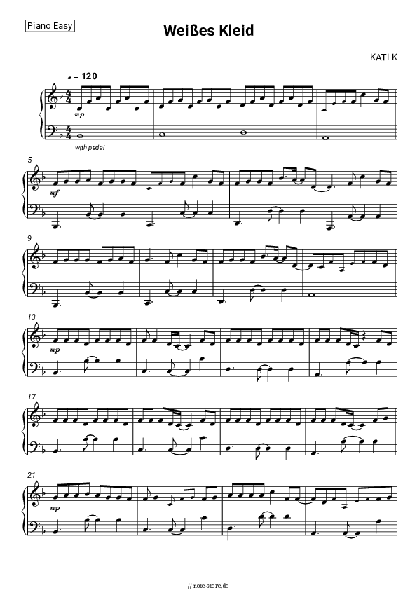 Einfache Noten KATI K - Weißes Kleid - Klavier.Einfach
