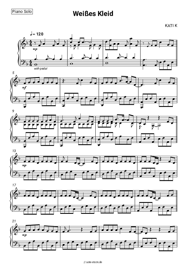 Noten KATI K - Weißes Kleid - Klavier.Solo