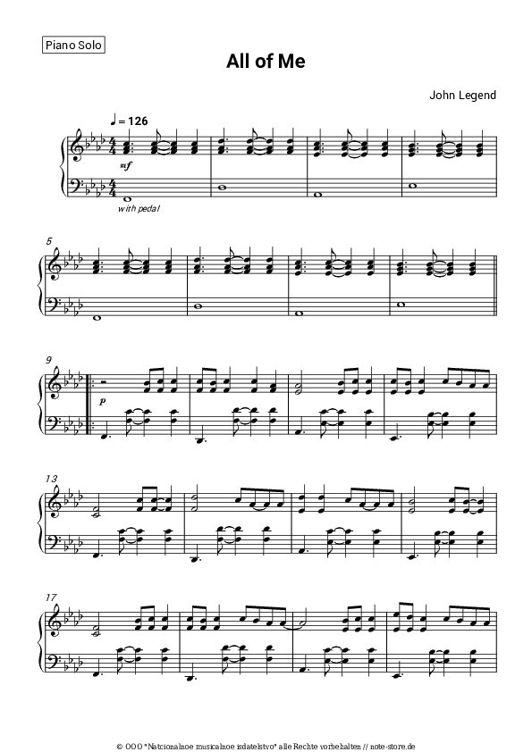 Noten John Legend - All of Me - Klavier.Solo