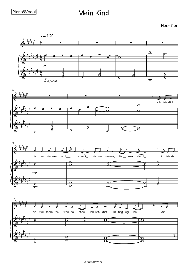 Noten mit Gesang Herzchen - Mein Kind - Klavier&Gesang