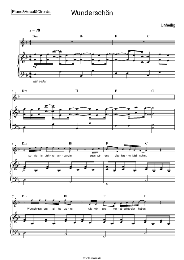 Noten und Akkorde Unheilig - Wunderschön - Klavier&Gesang&Akkorde