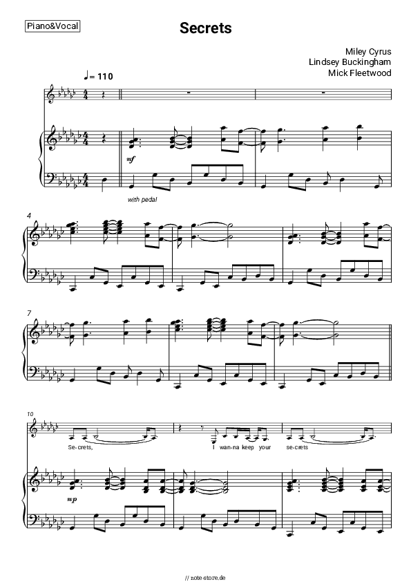 Noten mit Gesang Miley Cyrus, Lindsey Buckingham, Mick Fleetwood - Secrets - Klavier&Gesang