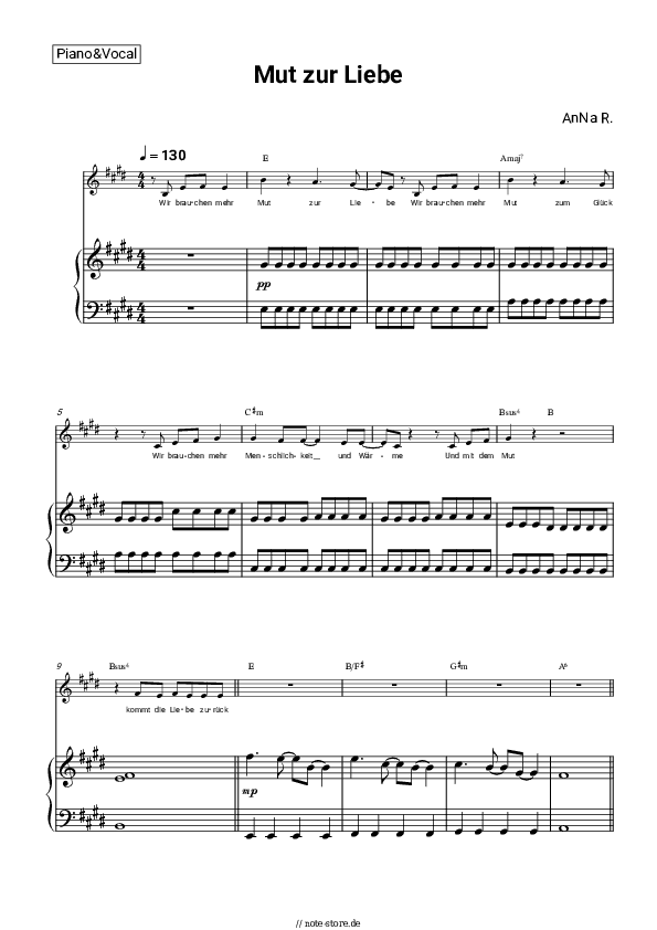 Noten und Akkorde AnNa R. - Mut zur Liebe - Klavier&Gesang&Akkorde