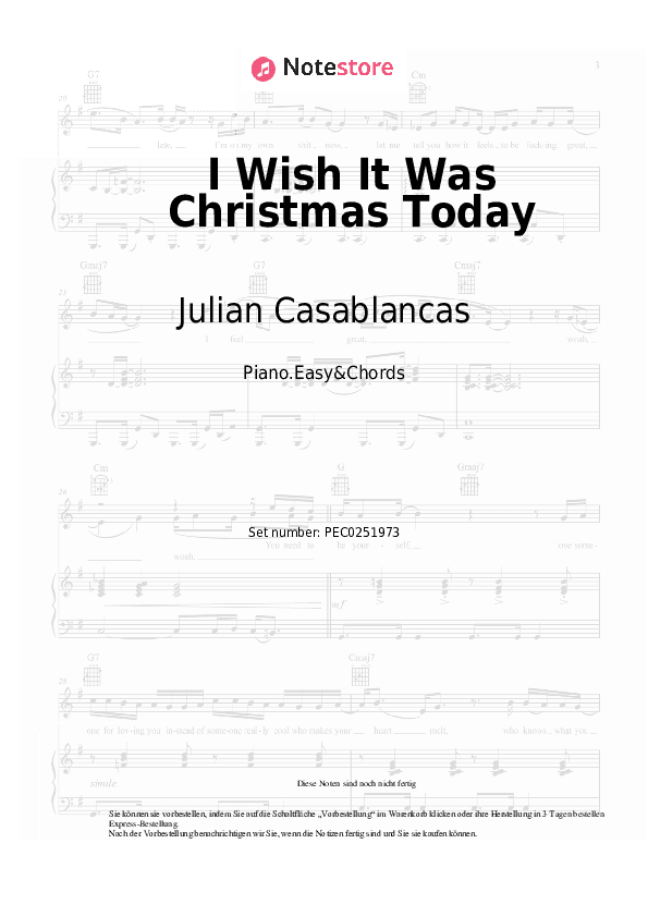 Einfache Noten und Akkorde Julian Casablancas - I Wish It Was Christmas Today - Klavier.Einfach&Akkorde