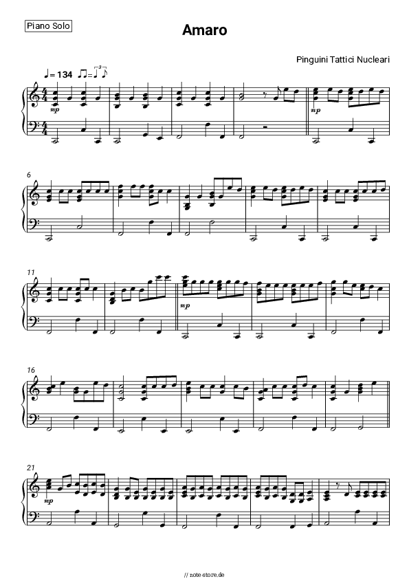 Noten Pinguini Tattici Nucleari - Amaro - Klavier.Solo