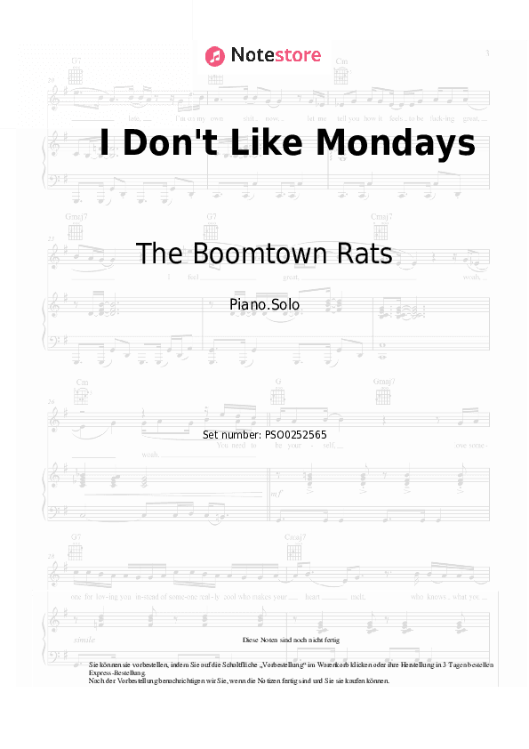 Noten The Boomtown Rats - I Don't Like Mondays - Klavier.Solo