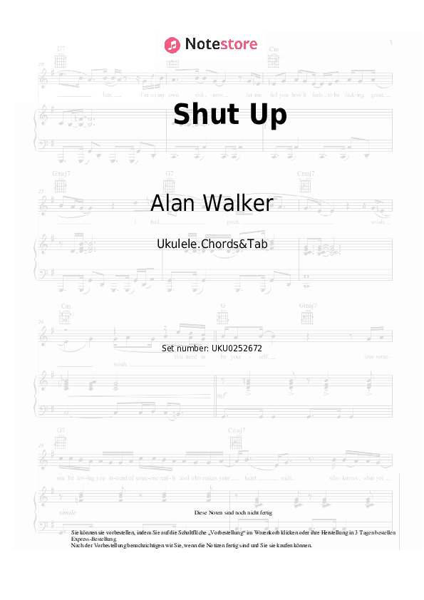 Noten Alan Walker, UPSAHL - Shut Up - Ukulele.Akkorde&Tabs