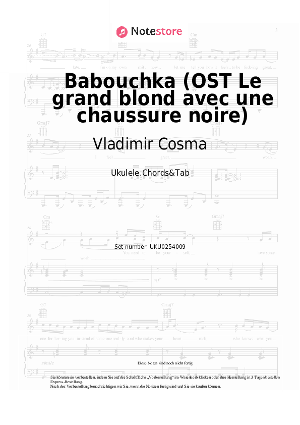 Noten Vladimir Cosma, Gheorghe Zamfir - Babouchka (OST Le grand blond avec une chaussure noire) - Ukulele.Akkorde&Tabs