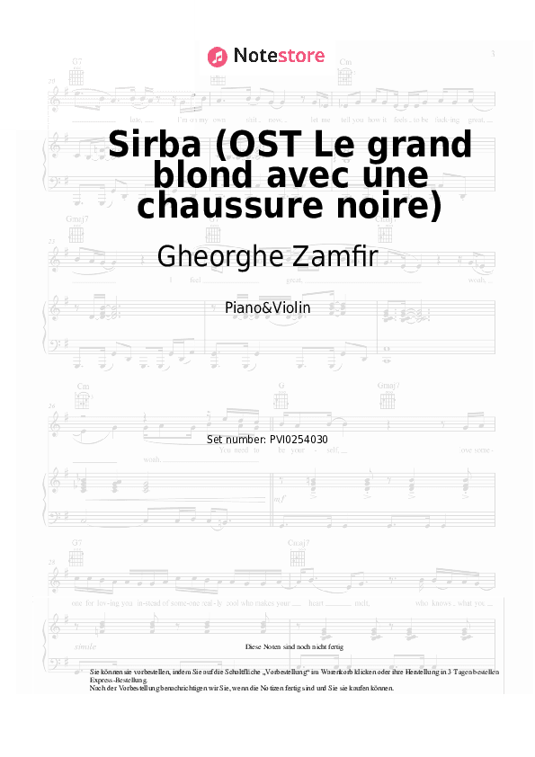 Noten Gheorghe Zamfir - Sirba (OST Le grand blond avec une chaussure noire) - Klavier&Geige
