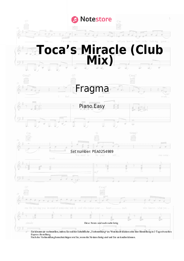Einfache Noten Fragma - Toca’s Miracle (Club Mix) - Klavier.Einfach