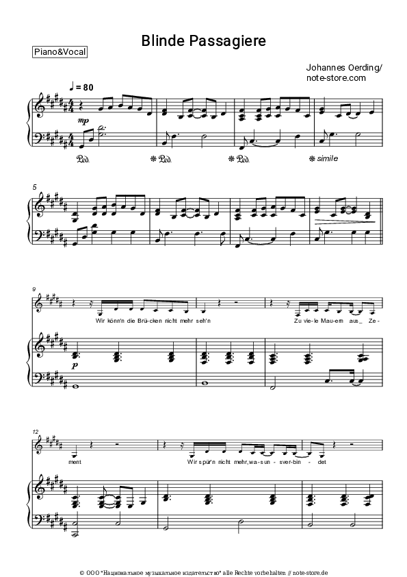 Noten mit Gesang Johannes Oerding - Blinde Passagiere - Klavier&Gesang