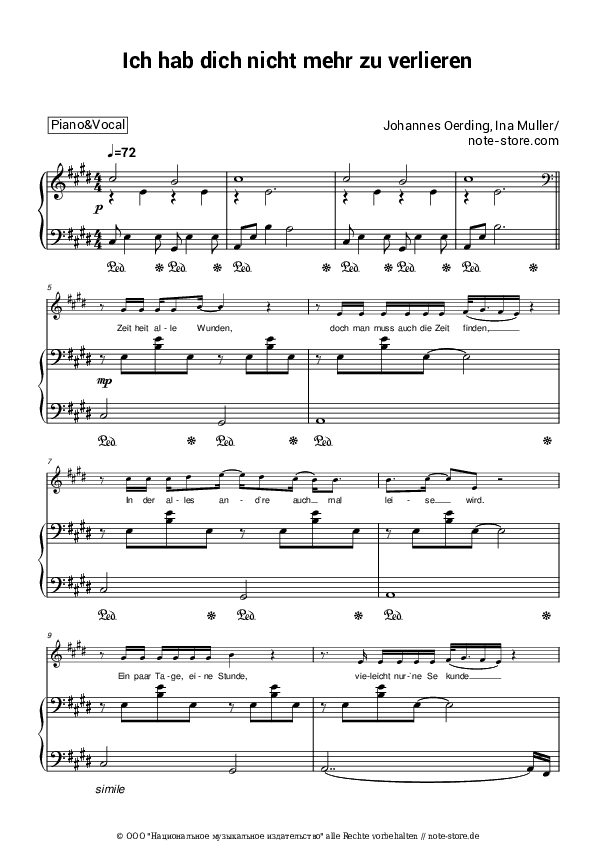 Noten mit Gesang Johannes Oerding, Ina Müller - Ich hab dich nicht mehr zu verlieren - Klavier&Gesang