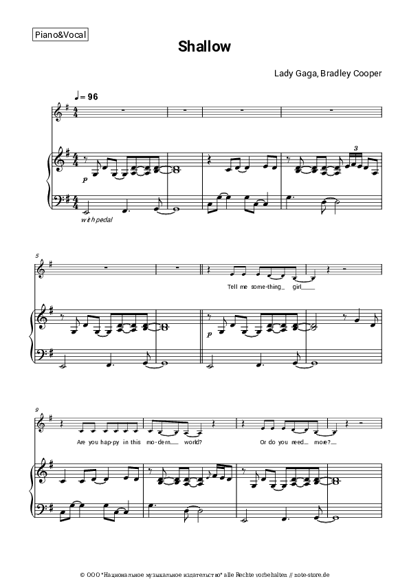 Noten mit Gesang Lady Gaga, Bradley Cooper - Shallow (From A Star Is Born) - Klavier&Gesang
