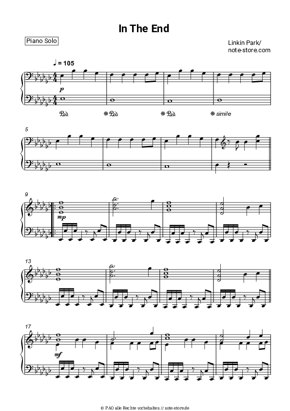 Noten Linkin Park - In The End - Klavier.Solo