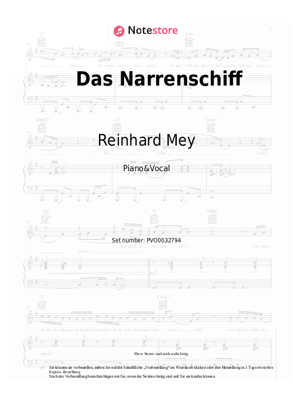 Noten mit Gesang Reinhard Mey - Das Narrenschiff - Klavier&Gesang