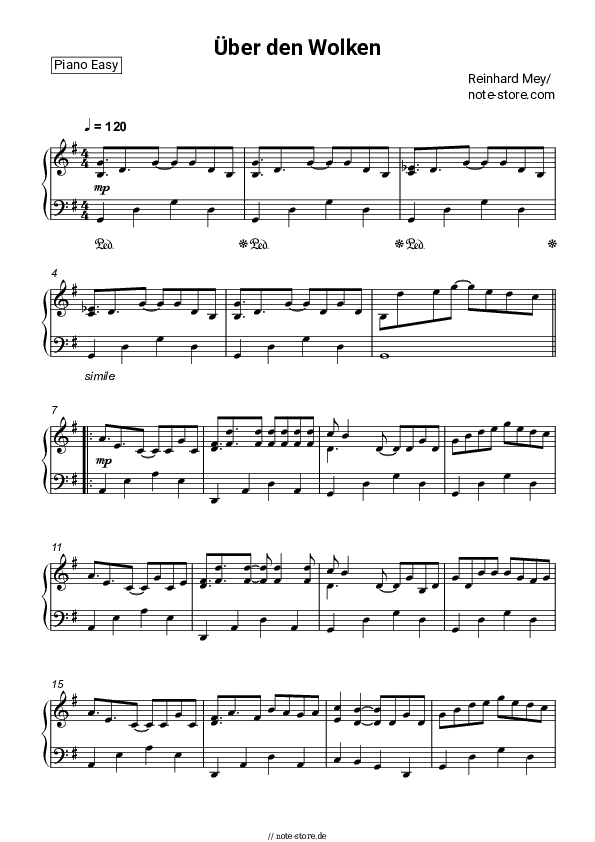 Einfache Noten Reinhard Mey - Uber den Wolken - Klavier.Einfach