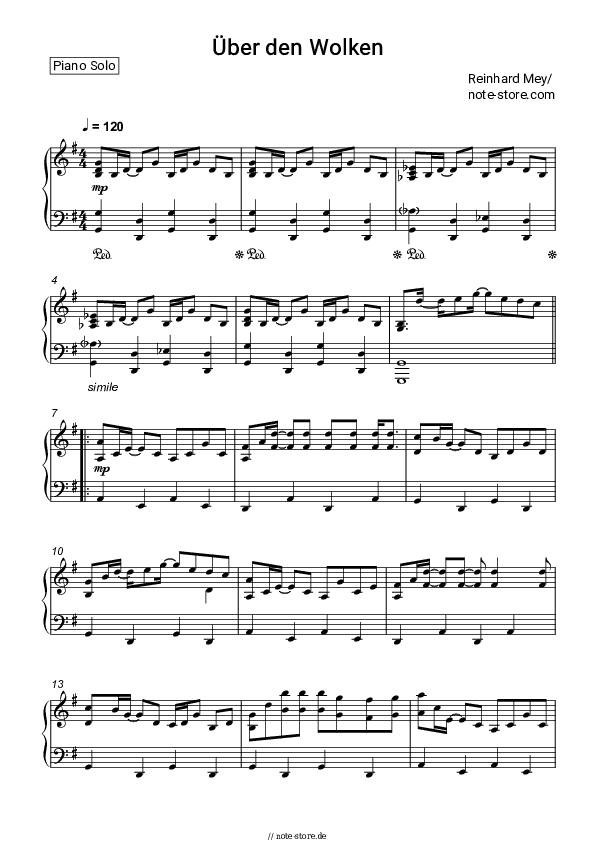 Noten Reinhard Mey - Uber den Wolken - Klavier.Solo