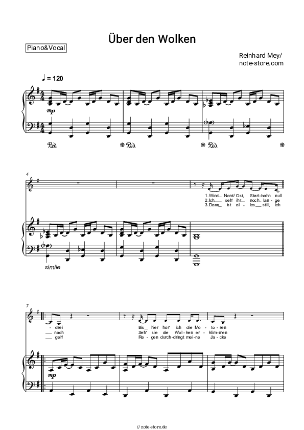Noten mit Gesang Reinhard Mey - Uber den Wolken - Klavier&Gesang
