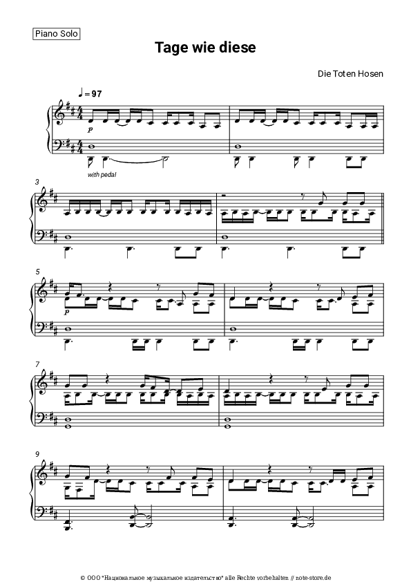 Noten Die Toten Hosen - Tage wie diese - Klavier.Solo