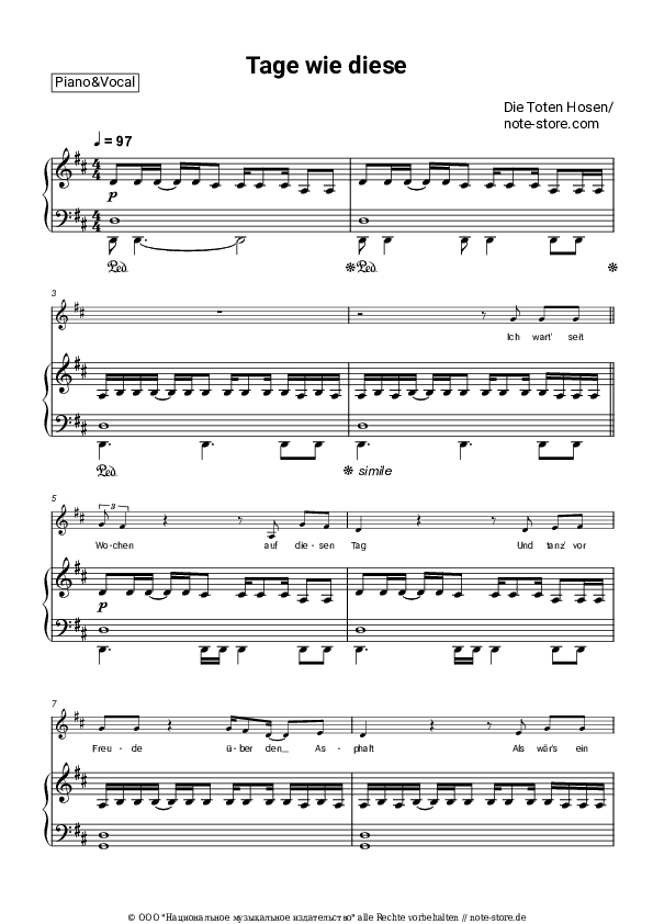 Noten mit Gesang Die Toten Hosen - Tage wie diese - Klavier&Gesang
