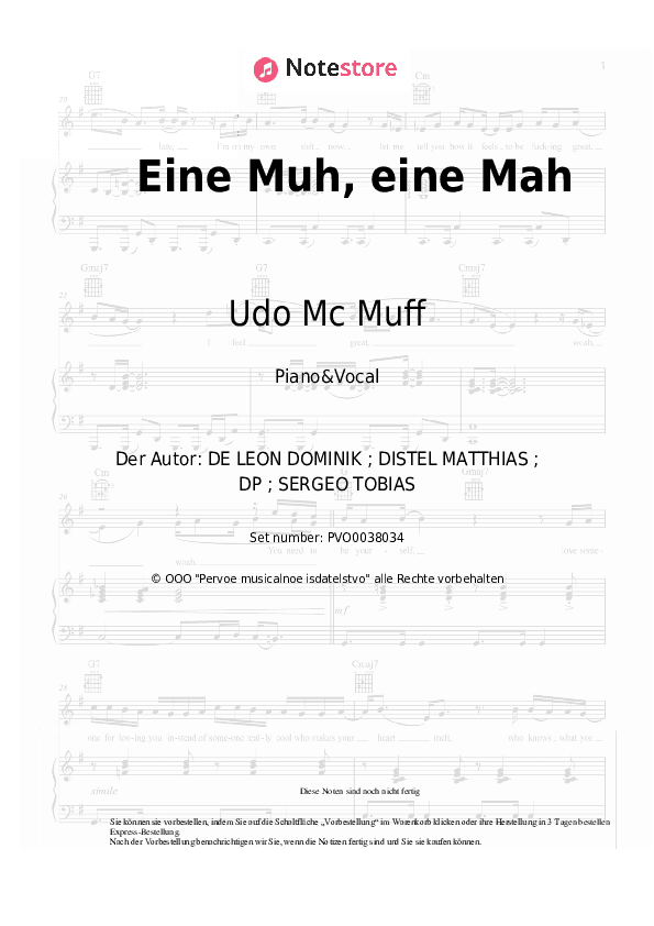 Noten mit Gesang Udo Mc Muff, Kreisligalegende, Ikke Huftgold - Eine Muh, eine Mah - Klavier&Gesang