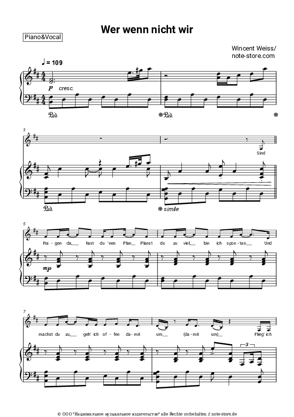 Noten mit Gesang Wincent Weiss - Wer wenn nicht wir - Klavier&Gesang