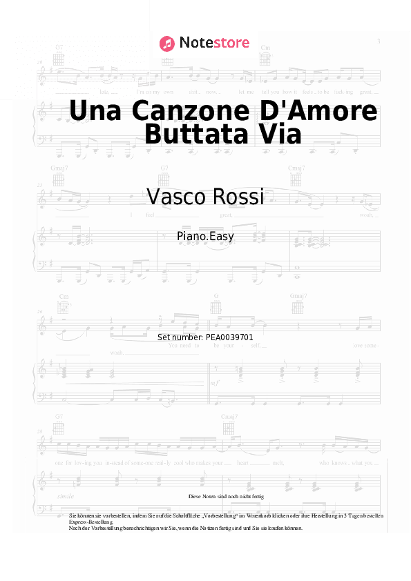 Einfache Noten Vasco Rossi - Una Canzone D'Amore Buttata Via - Klavier.Einfach