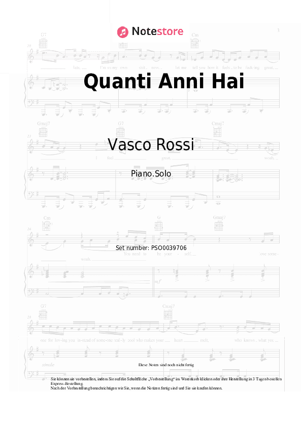 Noten Vasco Rossi - Quanti Anni Hai - Klavier.Solo