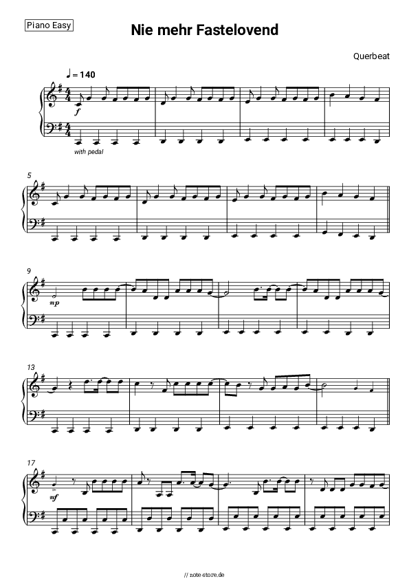 Einfache Noten Querbeat - Nie mehr Fastelovend - Klavier.Einfach